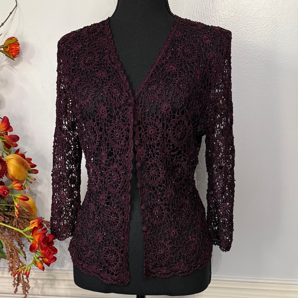 ❤️ Carmen Marc Valvo Collection Deep Purple Beaded Crochet Lace Cardigan M